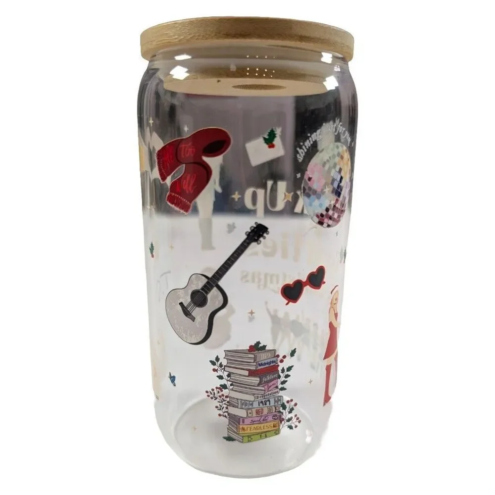 Care Bears Holiday Glass Tumbler With Bamboo Lid and Straw | Holds 16 Ounces